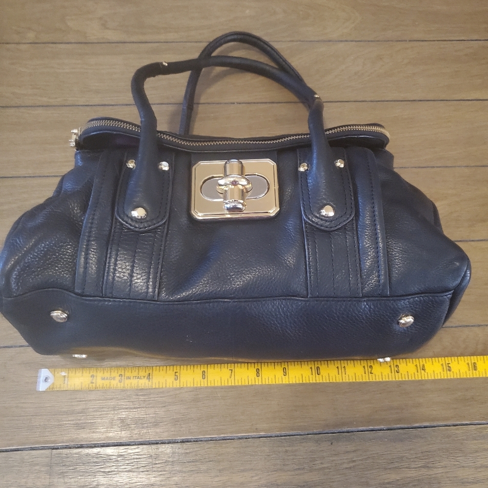 B. Makowsky, Black Structured Satchel with Curved Handles and Gold Accents